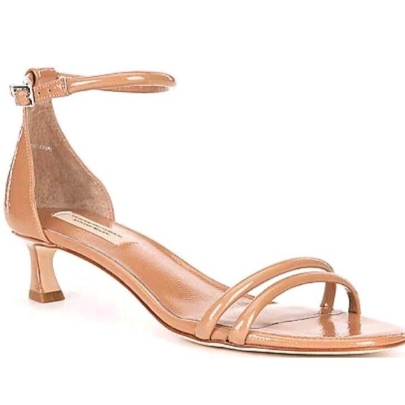 Antonio Melani Sandals Sz 6.5 Tan Brown Patent Leather Strappy Kitten Heel $150 - Picture 16 of 16